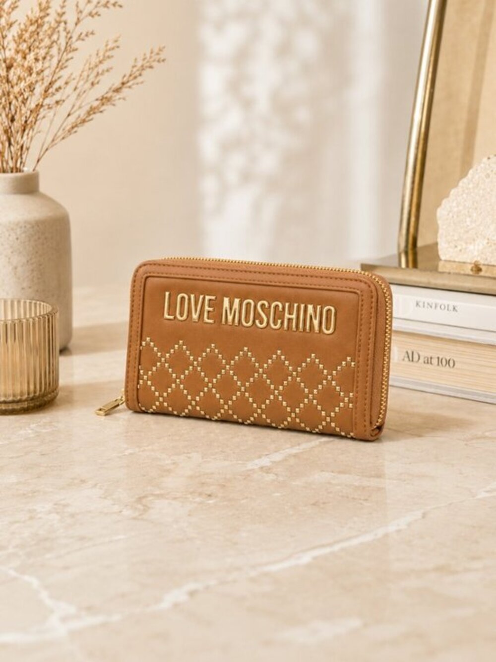 Love Moschino Tan Studded Zip-Around Wallet Gold Logo NWT
